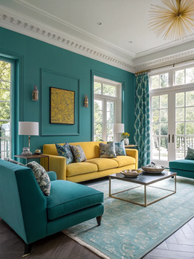 teal and yellow modern living room ideas