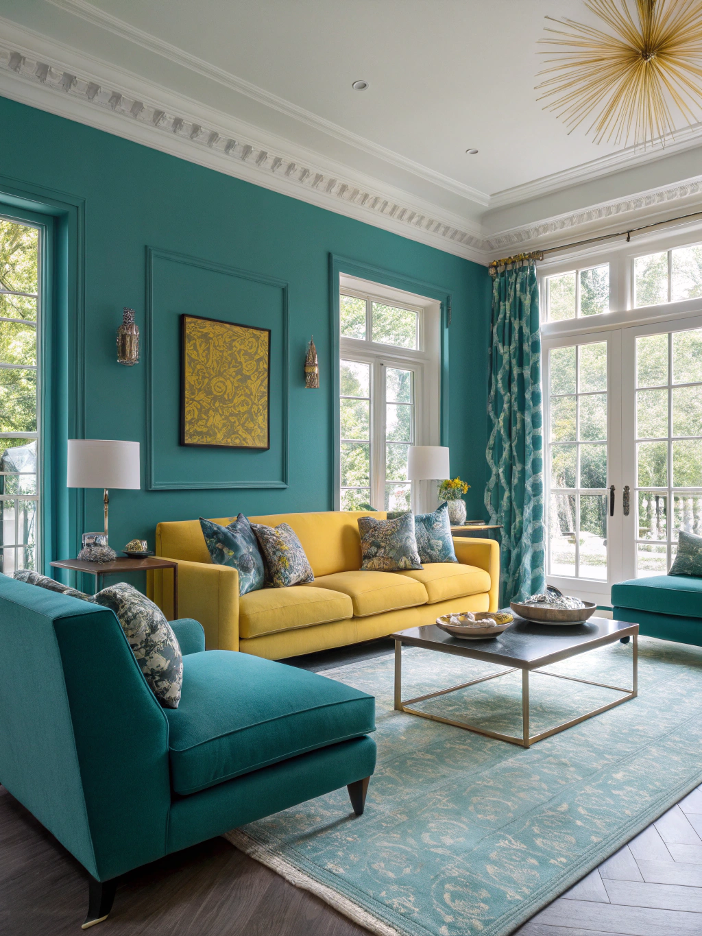 teal and yellow modern living room ideas