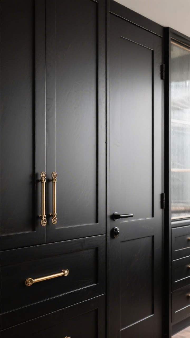 A closeup detail shot of black cabinet fronts showcasing hardware “jewelry”: brushed brass long linear pulls on black shaker doors in the foreground, with a secondary vignette of a flat slab door fitted with matte black T-bar hardware; include a hint of brushed nickel on a nearby cabinet with ribbed glass to suggest a soft industrial option; neutral background and soft, directional light highlighting the metal finishes and clean shapes, no people.