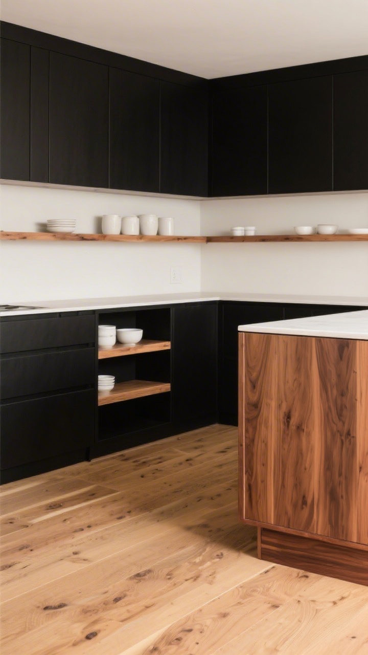 A medium corner-angle shot highlighting the warmth of wood with black cabinetry: black base cabinets below floating oak open shelves styled lightly with white ceramics; mid-tone oak plank flooring runs throughout; include a walnut-wrapped island end panel and a subtle walnut toe-kick detail for balance; soft natural light and a warm, cozy mood prevent the space from feeling stark or cabin-like, no people.
