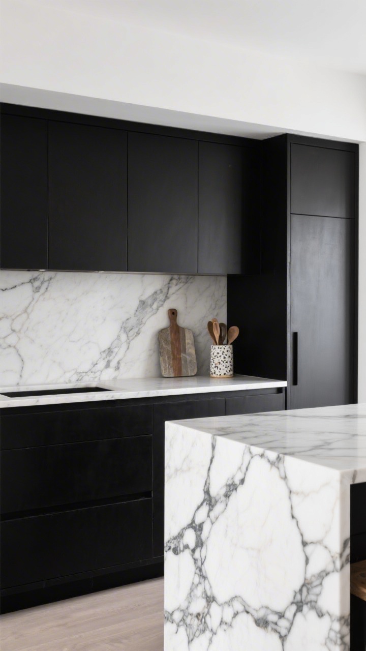 A medium, straight-on shot of black lower cabinets paired with a full-height light marble backsplash and matching countertop running as a waterfall edge down the island side; the marble features bold, graphic veining for a custom look; include a small soapstone cutting board and a terrazzo utensil holder as subtle nods to alternate stones; clean styling and natural daylight enhance the continuous stone effect, no people.