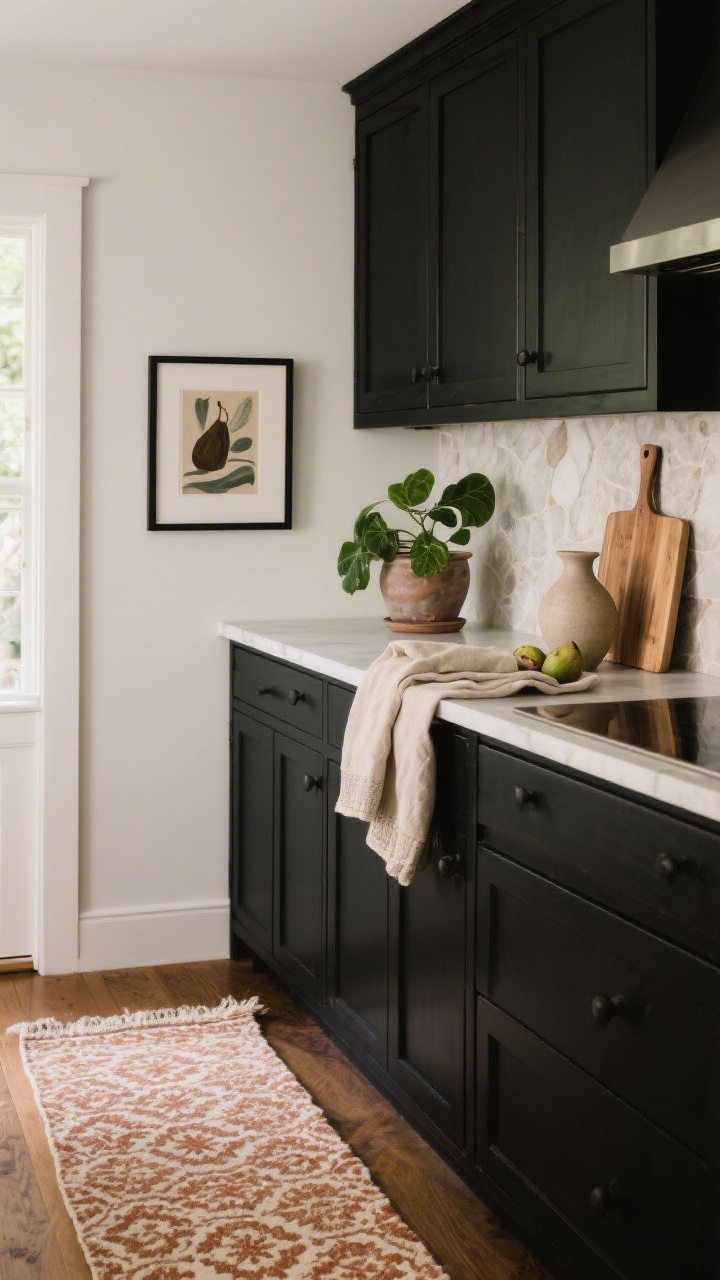A medium vignette focused on styling and color balance in a black-cabinet kitchen: a vintage patterned runner in muted rust and cream on the floor, a small framed art print and sculptural pottery casually leaned on a light stone backsplash, a potted green fig or pothos adding fresh contrast, and folded natural linen towels beside a wooden cutting board; restrained, curated arrangement with warm natural light, no people.