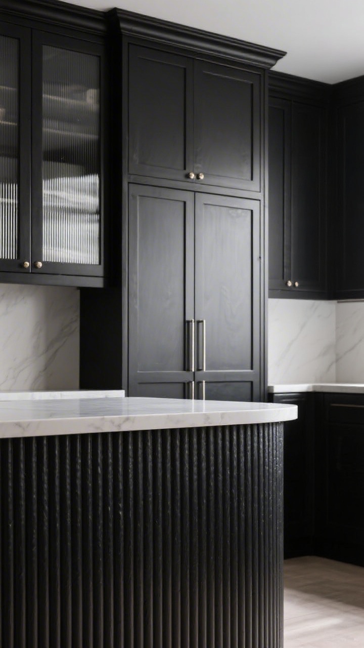 A tight, angled closeup of black cabinetry textures: a fluted island front catching soft light to reveal vertical grooves; nearby upper cabinets with reeded glass that subtly obscures contents; a micro-shaker rail detail on an adjacent door for a slimmer frame; the background kept minimal to let textures breathe; photorealistic lighting that rakes across the surfaces to emphasize tactile variation, no people.