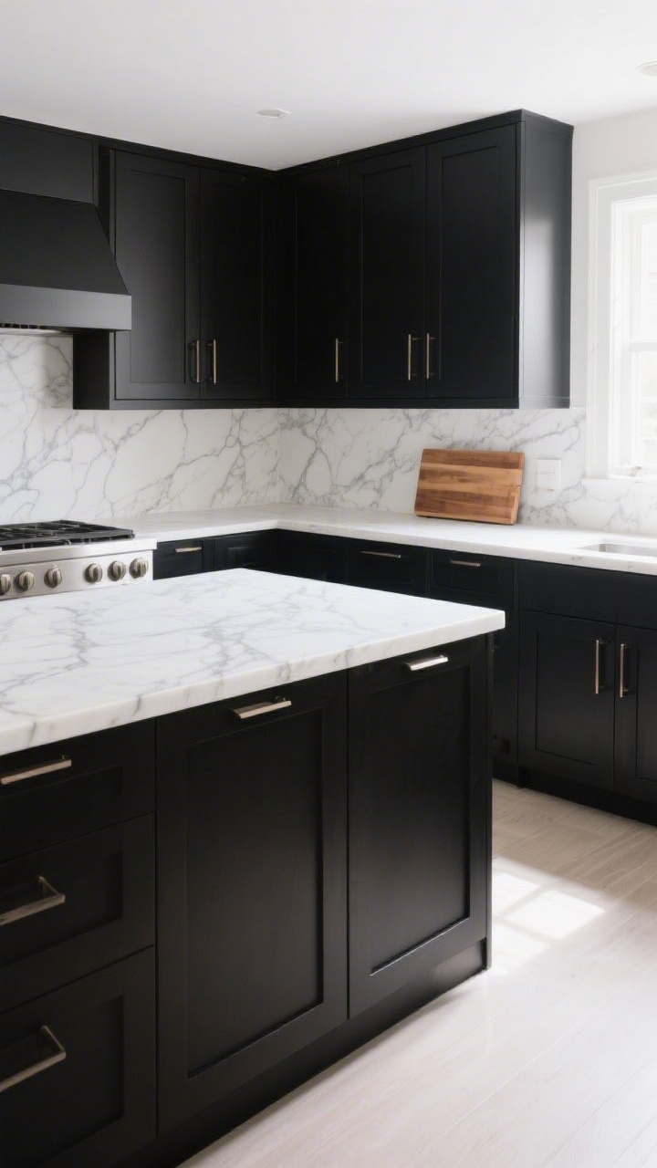 A wide, magazine-style kitchen view showcasing black base cabinets contrasted with a bright, light countertop: a large white quartz island with faint marble-like veining and matching perimeter counters; add a Calacatta marble backsplash with soft gray veining for movement; include a warm butcher block cutting board as an accent, clean walls, and natural daylight bouncing off the pale stone to heighten the crisp drama against the black cabinetry, no people.