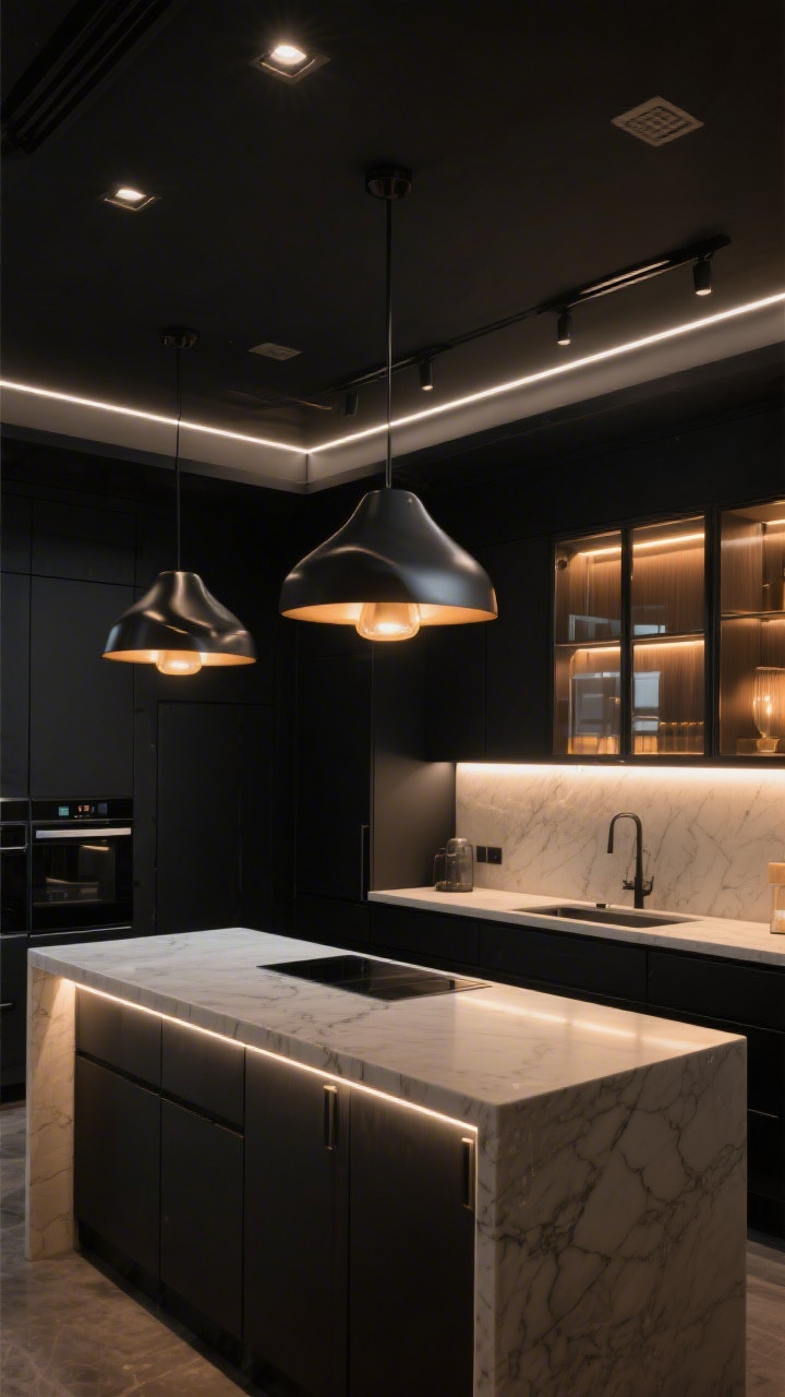 A wide shot of a moody-sleek kitchen demonstrating layered lighting on black cabinets: ambient ceiling lights on dimmers, bright under-cabinet LED strips illuminating a light stone counter, two large sculptural pendants over the island, and interior LEDs glowing behind glass-front uppers; warm bulbs (2700–3000K) create depth and prevent a cave vibe; counters are tidy, no people.