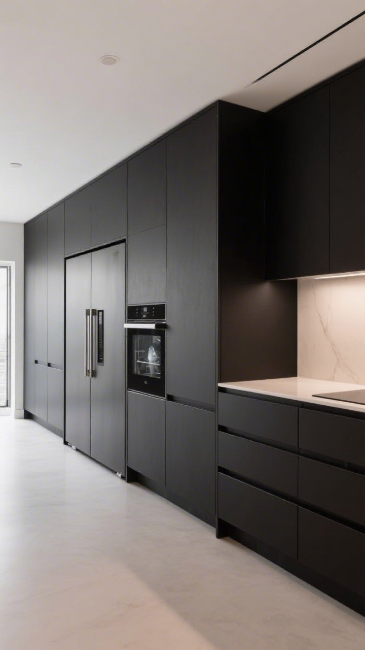 A wide, ultra-streamlined kitchen scene with black cabinets and pristine sightlines: panel-ready refrigerator and dishwasher seamlessly integrated into tall black pantry doors that stretch to the ceiling; a flush appliance garage closed on the counter; toe-kick drawers aligned along the base; handle-free, push-to-open doors for zero visual noise; soft, even lighting to emphasize the gallery-like continuity, no people.