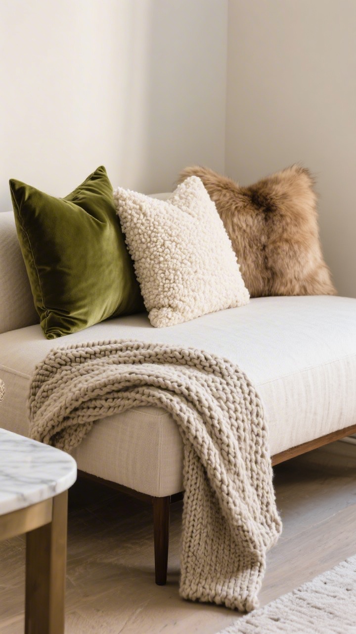 Closeup detail shot of layered textures on a small reading seat: a crisp linen seat cover base in neutral beige, a trio of accent pillows—one moss green velvet, one cream boucle, one soft faux fur in warm taupe—plus a casually draped chunky knit throw; edge of a small marble-top side table peeking in; tight three-tone palette, soft natural light emphasizing weave and pile.