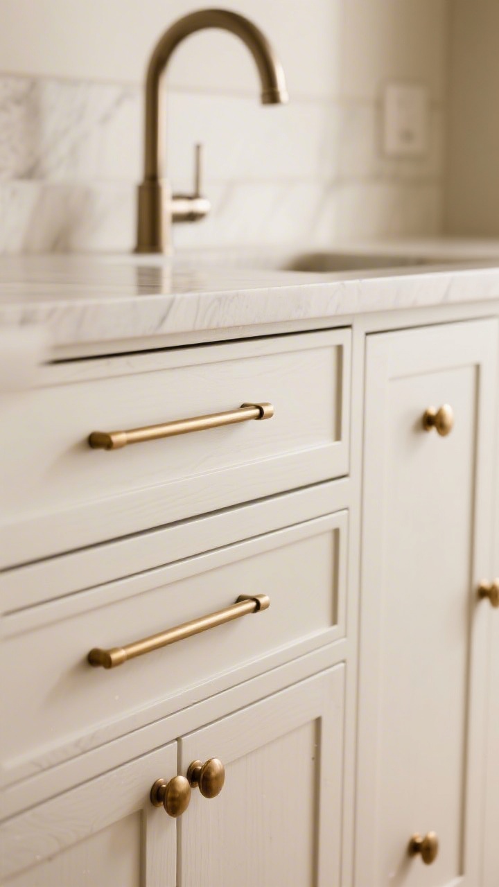 Closeup detail shot of luxe cabinet hardware on shaker-style white cabinets: a mix of long linear pulls on drawers and round knobs on doors in brushed brass, all matching the nearby faucet; avoid shiny chrome; soft warm lighting highlights the matte finishes and subtle wood grain, straight-on perspective showing consistent hardware style.