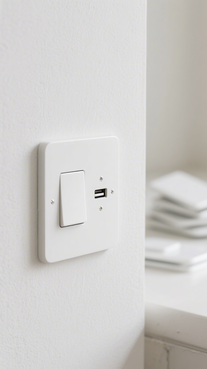 Closeup straight-on shot of freshly replaced screwless switch plates and outlets in matte white against a similarly painted wall, with one stainless USB-C combo outlet nearby for device charging; pristine, modern lines, no yellowing; a few spare plates stacked blurred in background; bright, neutral lighting.