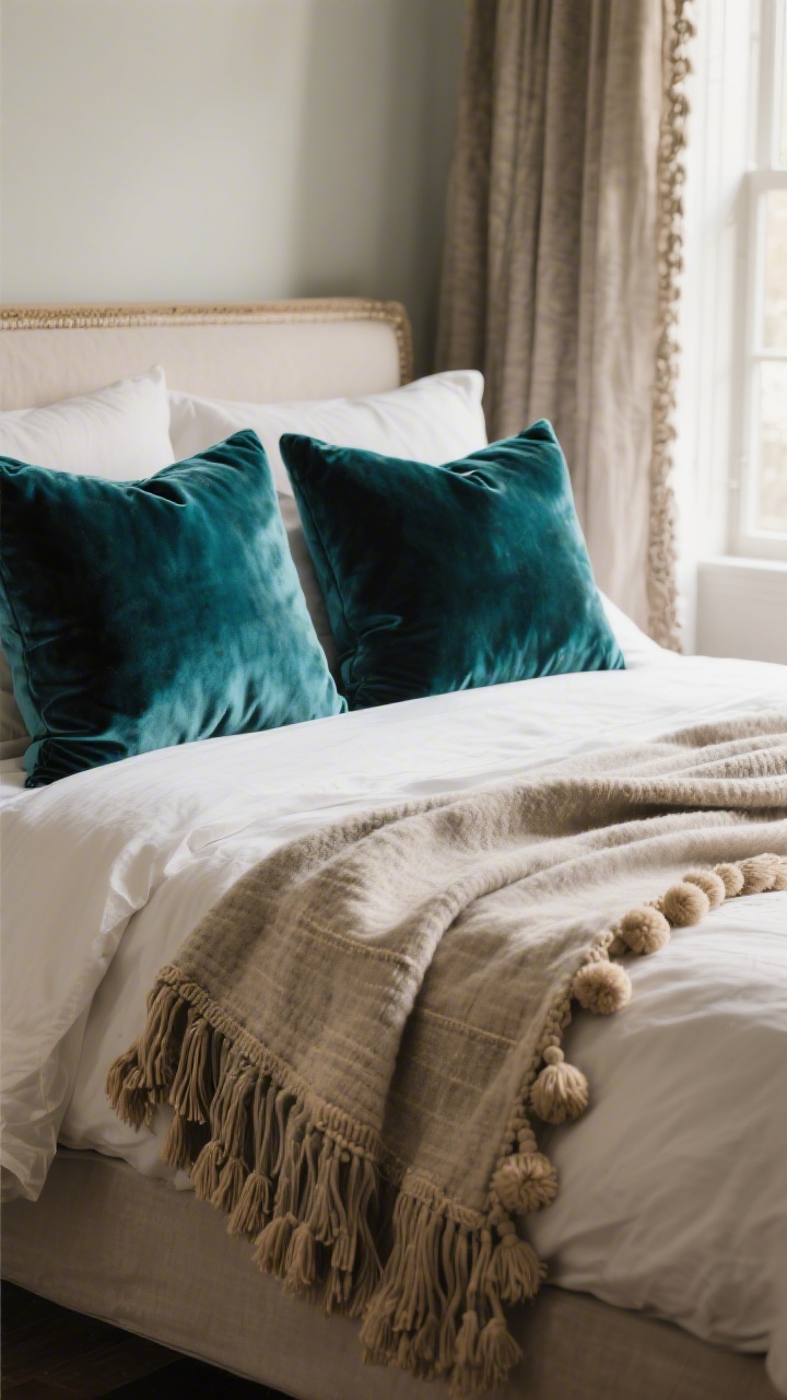 Closeup texture layer composition on a bed: plush velvet pillows in jewel tones, a fringed throw draped across a washed linen duvet, tassel-trimmed curtains visible at the frame edge; include “one hero, two backups” textures—velvet leading, with nubby cotton and linen supporting; edge detailing like pom-pom or bullion fringe on a plain bedskirt; soft window light enhancing fabric depth; photorealistic, detailed macro perspective.
