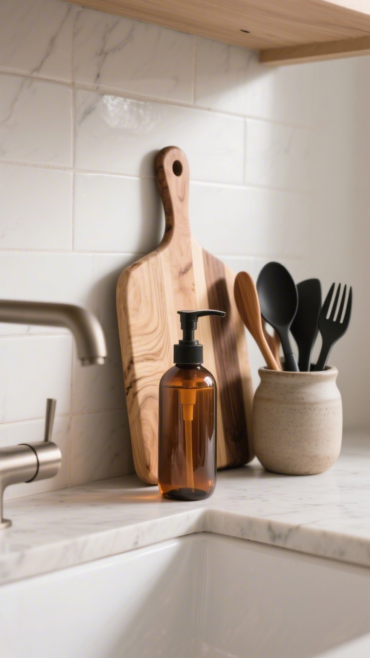 Closeup vignette of upgraded daily essentials at the sink: dish soap decanted into a refillable amber bottle with a pump matched to the faucet finish, a thick wood cutting board with a juice groove leaning against the backsplash, and a curated set of wooden and matte-black utensils in a ceramic crock; soft side light for editorial polish.