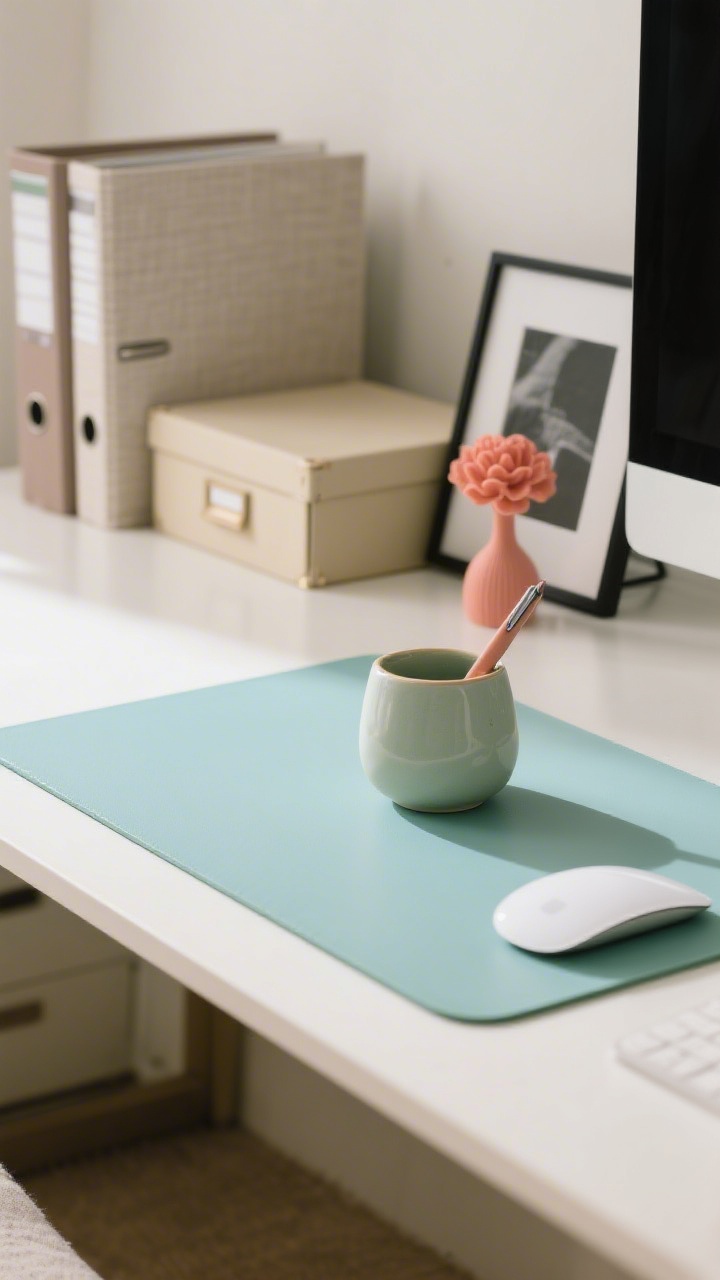 Detail closeup: Color psychology accents on a desktop. A soft sage-blue desk mat and pale green mouse pad set a calming mood, paired with warm neutral storage boxes in beige and taupe. A small pop of coral in a ceramic pen holder adds gentle energy, while a black metal photo frame provides sophisticated contrast. Soft daylight grazes the textures of linen-covered binders and matte finishes.