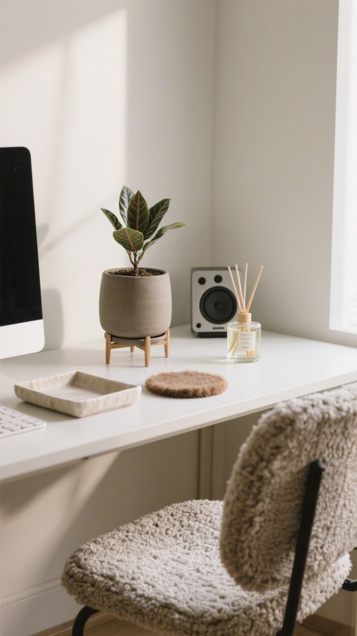 Detail closeup: Micro-zen vignette at the desk corner. A tiny ZZ plant in a matte ceramic pot on a small stand to free surface area, a subtle reed diffuser offering a single consistent scent, and cozy textures: a boucle chair pad, a linen catch-all tray, and a wool felt coaster. A compact speaker sits nearby for ambient sound. Clean, calming composition with natural side light.