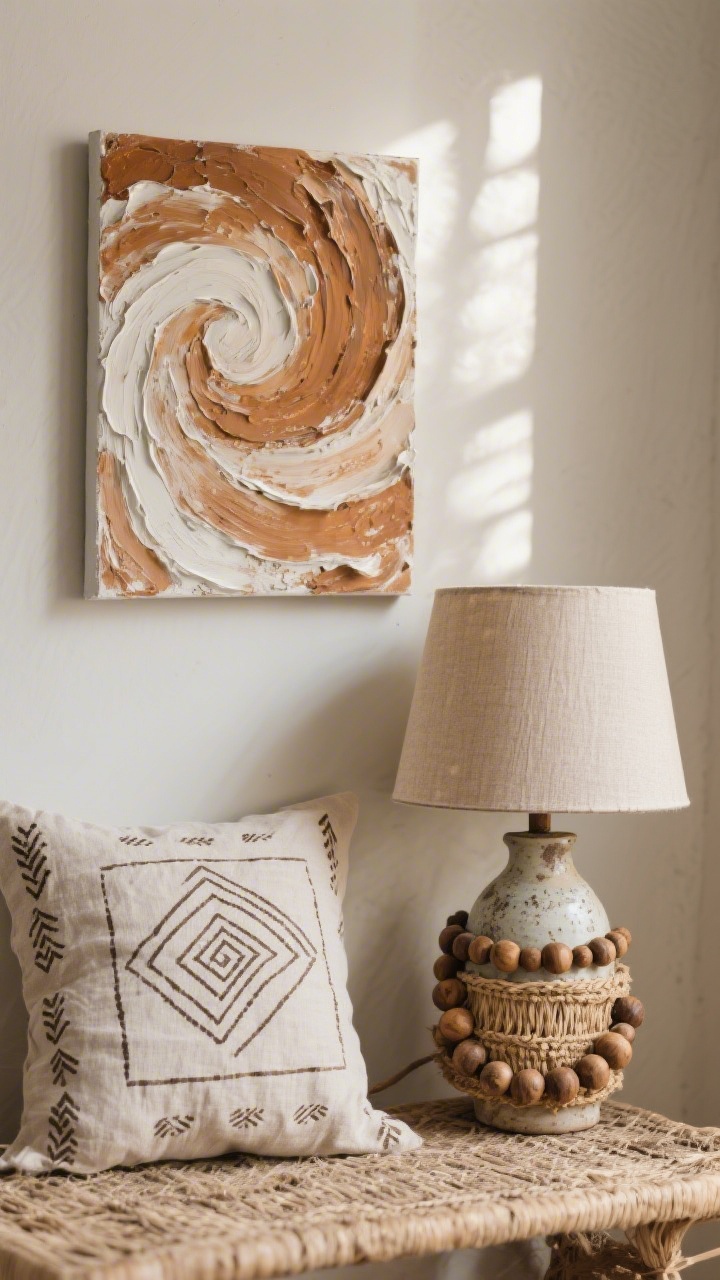 Detail closeup of a DIY handcrafted vignette: a stretched canvas with textured joint compound art swirled by palette knife and tinted with warm earth pigments; beside it, block-printed muslin fabric in simple geometric motifs used as a pillow cover; a thrifted ceramic lamp base wrapped with natural wood beads and raffia; neutral backdrop, soft directional light highlighting handmade textures