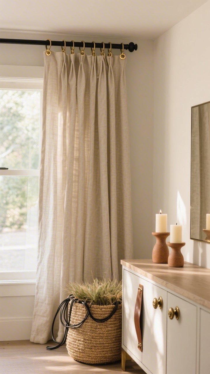 Detail closeup of small upgrades: a matte black curtain rod hung high and wide with linen curtains on brass clip rings, nearby cabinet with antiqued brass knobs and a leather pull, lidded grass/sisal basket hiding cords, and unscented pillar candles in clay holders on a console; warm afternoon light emphasizing subtle metallic and tactile finishes