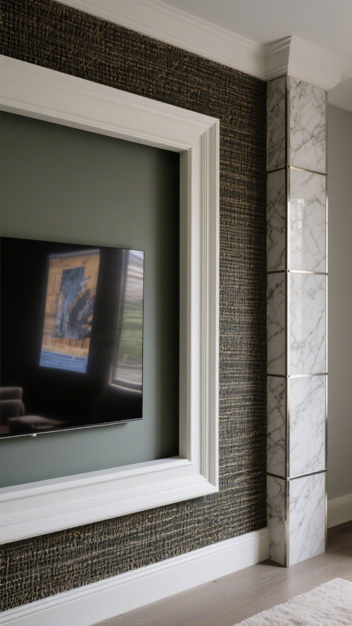 Detail closeup, straight-on of a TV framed like art: a large picture-frame molding painted to match the wall color surrounds the TV zone with a crisp 4–6 inch air gap from the screen for heat clearance. Adjacent, a stone surround using thin porcelain slabs shows fine veining; edges are finished with slim metal schluters for a sharp, professional detail. A Frame-style TV displays digital art on standby. Texture-rich grasscloth wallpaper in a dark weave is visible just beyond the molding, adding warmth in low light; photorealistic materials and edge precision.