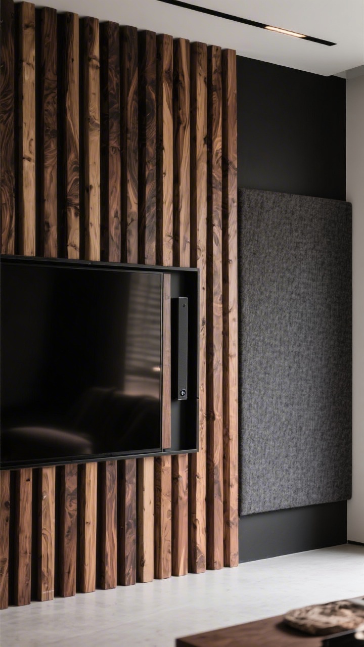 Detail closeup, straight-on, of vertical wood slats running floor-to-ceiling behind a TV, installed over a black-painted backing so the gaps visually disappear. Mixed wood stains create dimensional warmth. To the side, a fabric-wrapped acoustic panel in a charcoal acoustic textile contrasts the timber. A discreet soundbar is hidden flush within the slats, barely visible, maintaining minimalist lines. Soft, directional lighting grazes the texture, emphasizing grain and fabric weave; photorealistic texture fidelity.