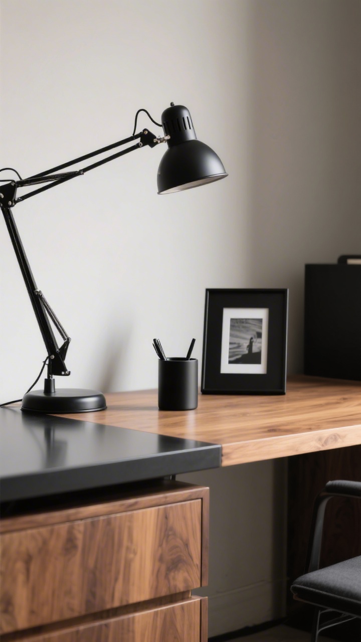 Detail closeup: Two-tone desk styling showcasing warm oak wood paired with matte black accents. A matte black adjustable lamp, a black metal photo frame, and a black pen cup repeat the accent. The desktop is mostly clear to spotlight the finishes; textures mix matte metal with warm wood grain. Avoid glossy reflections; soft indirect daylight creates subtle depth and a chic, minimalist vibe.