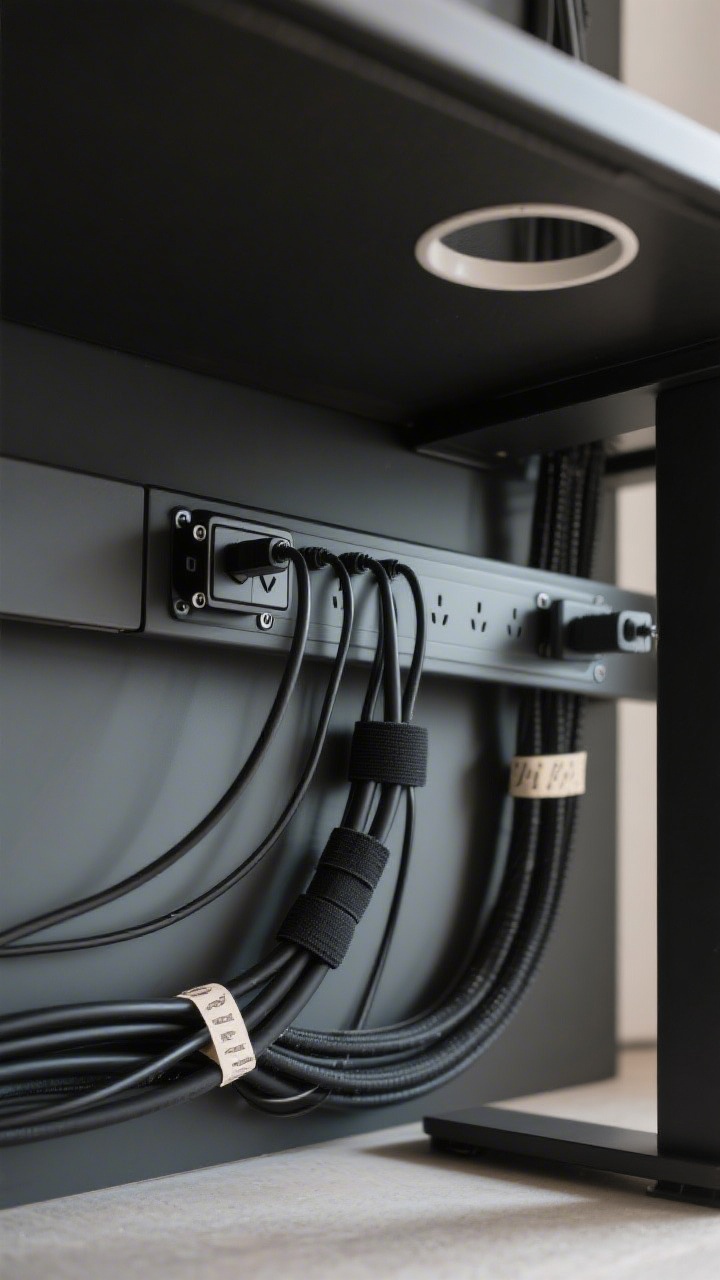 Detail closeup: Under-desk cable management setup showing an adhesive cable raceway neatly guiding cords, a clamp-on cable tray floating the power bar behind the desk, and a circular desk grommet with a clean pass-through. Individual cords are bundled with black Velcro ties and labeled with washi tape tags. All cords are color-matched black for a seamless look against a dark underside of the desk. Crisp, technical, photorealistic lighting.