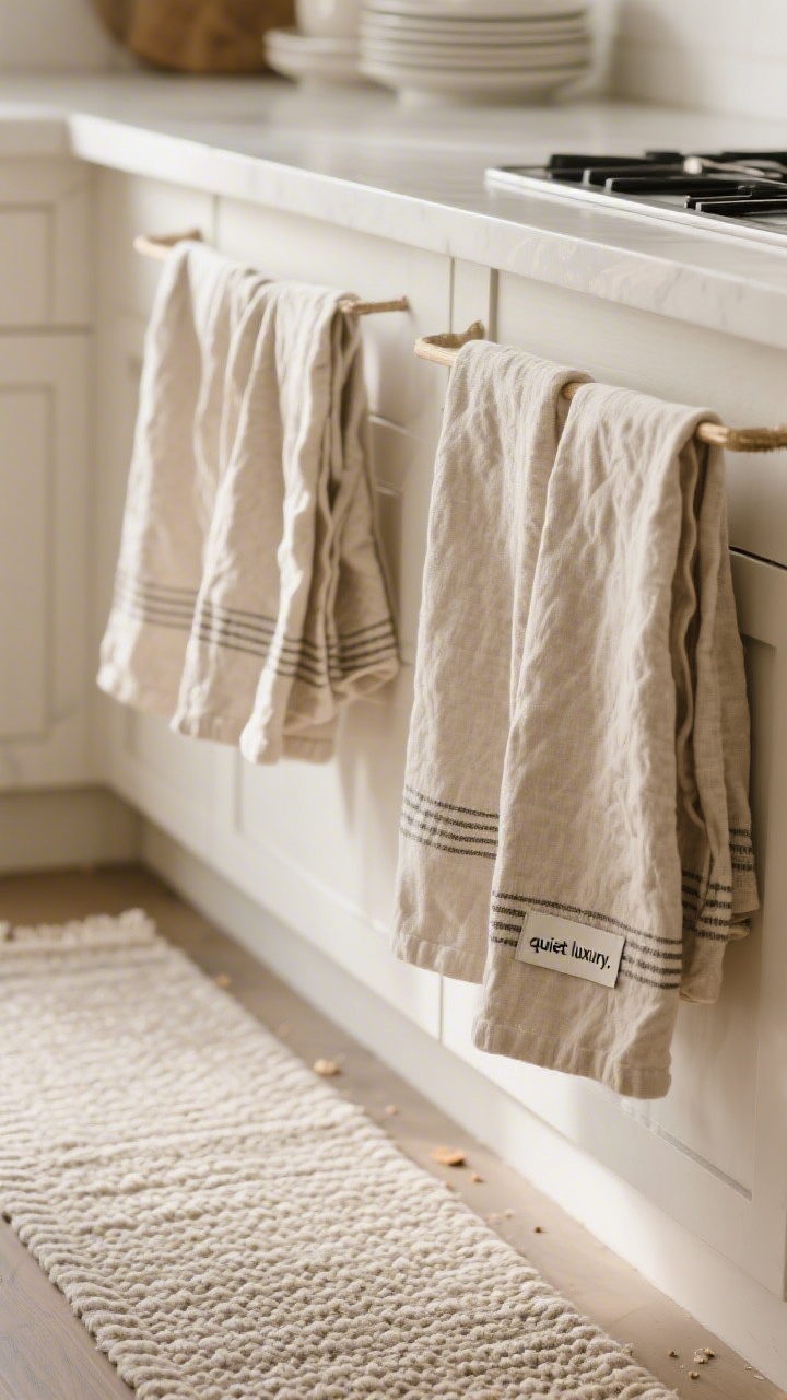Detail shot of warm textiles in the kitchen: neutral linen dish towels neatly hung on a bar and a low-pile runner with a subtle patterned weave underfoot to hide crumbs; palette restricted to 2–3 tones from the space; machine-washable tag implied; soft morning light enhances texture and “quiet luxury.”