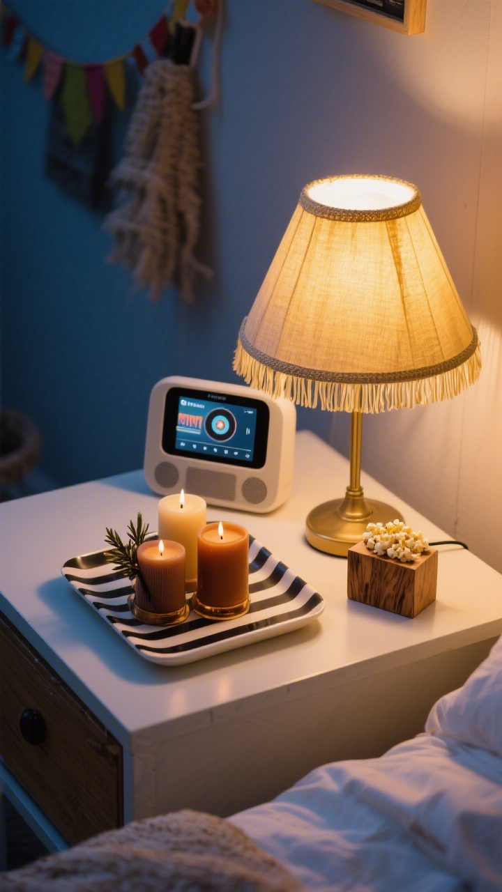 Detail tabletop and bedside scene for atmosphere and final flourishes: a striped tray holding vanilla-cedar and caramel-amber candles, a small Bluetooth speaker displaying a retro playlist on screen, and a fringed lampshade casting a soft golden glow; include a cedar block or popcorn-scent diffuser subtly placed; one accessory intentionally removed space for restraint; twilight lighting for nostalgic fair vibe; photorealistic, overhead three-quarter detail shot.