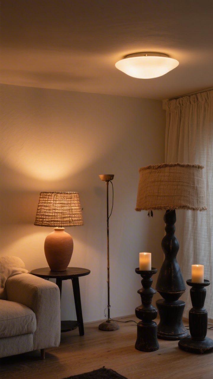 Evening medium shot showcasing layered, warm lighting: ceiling light dimmed, a matte clay-painted ceramic table lamp with a raffia shade casting a cozy glow (2700K), a slender floor lamp for ambient fill, and a trio of candles for soft drama; textured linen and burlap shades visible; sculptural thrifted lamp bases in matte black; warm, inviting mood without harsh shadows