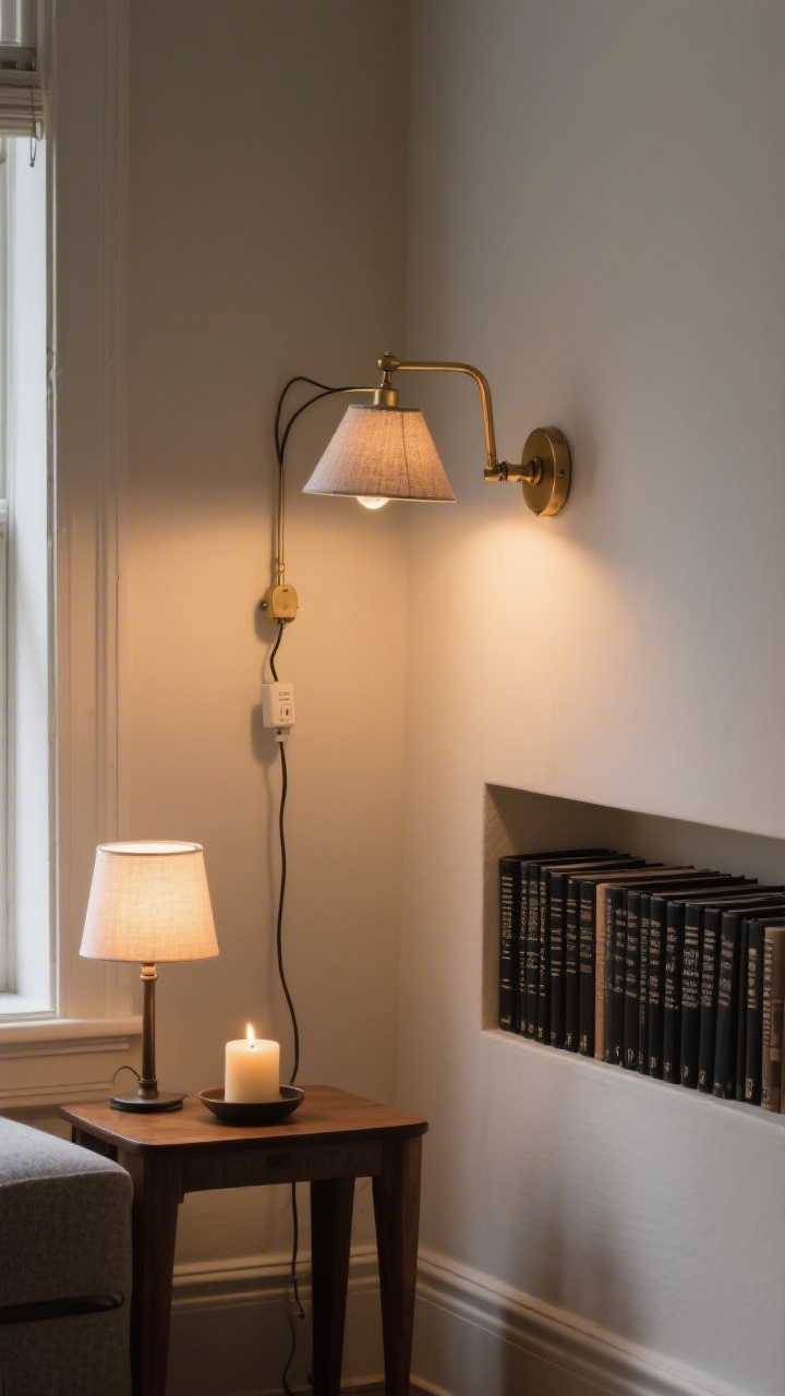 Medium corner view of a reading nook lit by a plug-in brass swing-arm wall sconce with a fabric shade, warm 2700–3000K glow; visible cord neatly concealed with a matching cord cover for a custom look; small table lamp with a soft bulb on a petite side table and a candle flickering; no overhead glare; matte black book spine accents; intimate, cinematic ambiance.