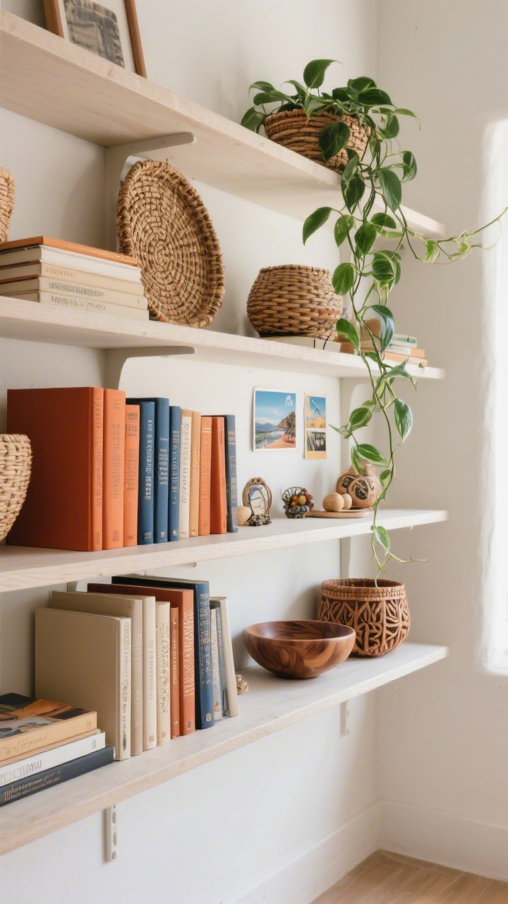 Medium shelf styling shot, eye-level: open shelves arranged 50% books (spines in terracotta, indigo, and neutral tones), 30% objects (woven baskets, carved wood bowls), and 20% negative space; personal artifacts like postcards and travel trinkets; a trailing pothos cascading from an upper shelf softens lines; natural daylight for clarity and warmth