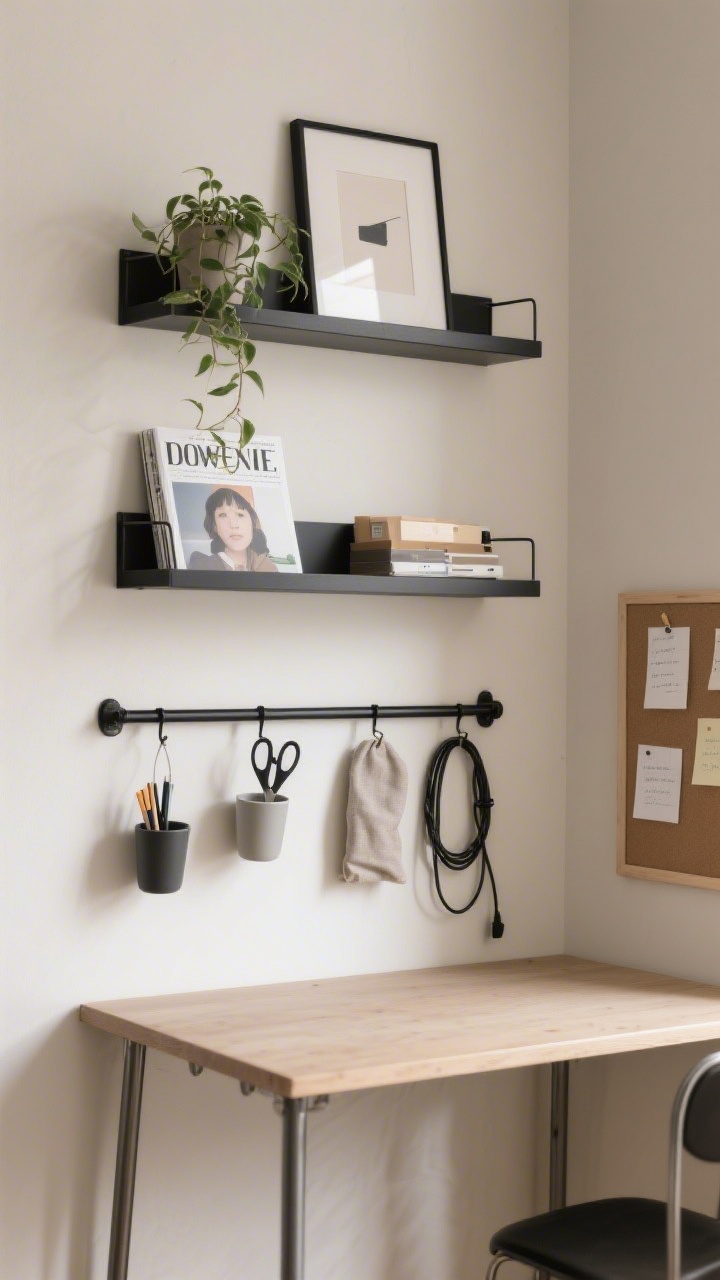Medium shot: A compact desk with a vertical storage wall above it featuring two slim wall shelves—top shelf styled with a small trailing plant and a minimal art print, lower shelf holding magazine files and essentials. A matte black rail system beneath with hanging cups for scissors, pens, and a fabric-wrapped cable, plus a pinboard with neatly arranged notes. Shelf finish matches the desk’s metal legs for cohesion. Soft neutral wall, organized and space-savvy, natural side lighting.
