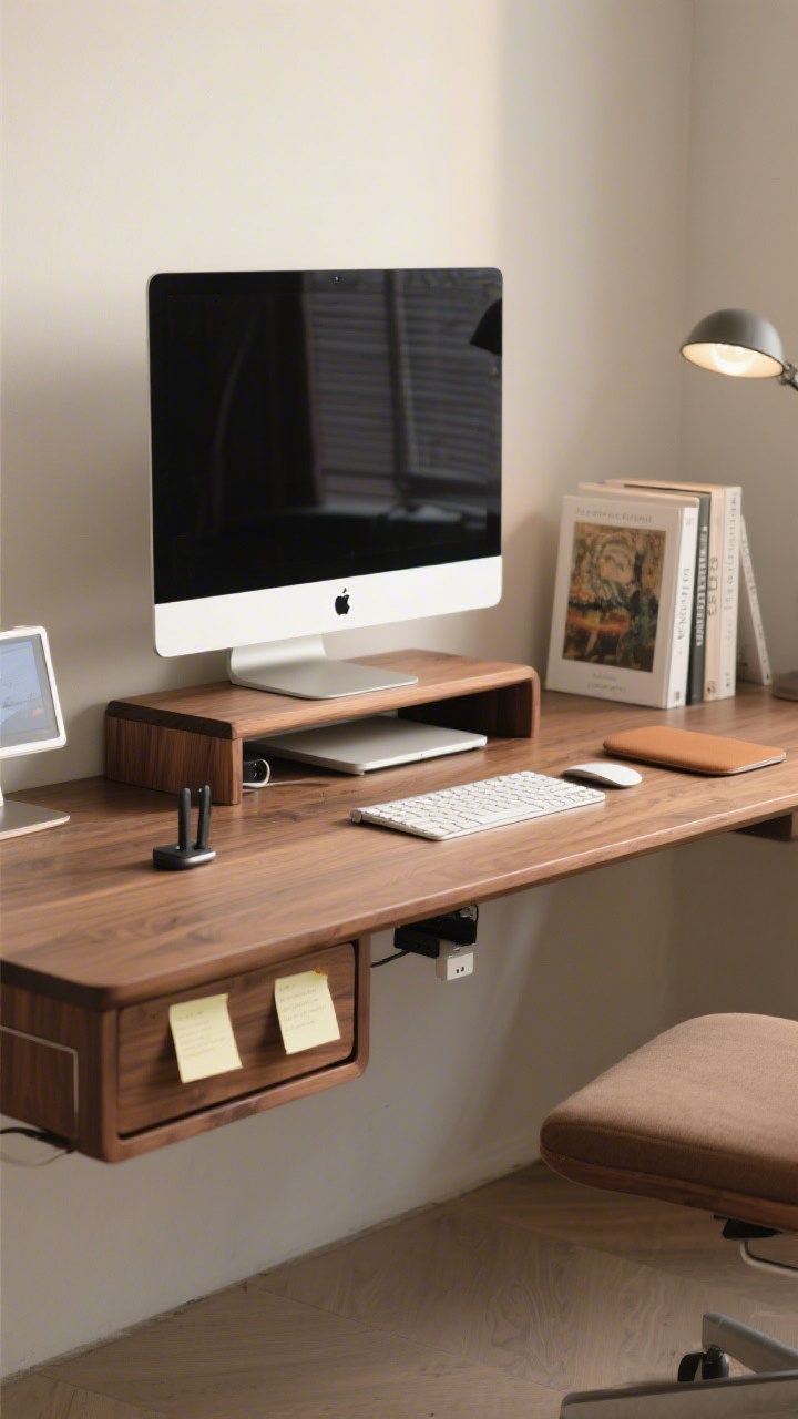 Medium shot: A compact workstation with a monitor elevated on a wood monitor riser that matches the desk finish, bringing the screen to just below eye level. A slim drawer riser tucks sticky notes and a charger beneath, with a wireless keyboard stored under the stand. A cushy wrist rest sits in front of a low keyboard. Optional stack of two oversized art books under a small secondary display adds a styled moment. Soft, even task lighting, ergonomic and polished.