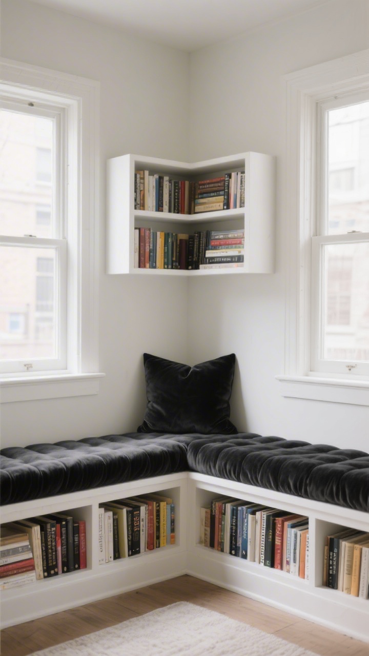 Medium shot, corner alcove reading nook with two low white bookcases stacked side-by-side under a window, topped with a thick 3–4 inch high-density foam cushion upholstered in monochrome velvet matched to the wall color; a long lumbar pillow spans the back to hide seams; shelves filled with neatly arranged TBR books; soft daylight, clean lines, compact “built-in” bench illusion, photorealistic apartment setting.