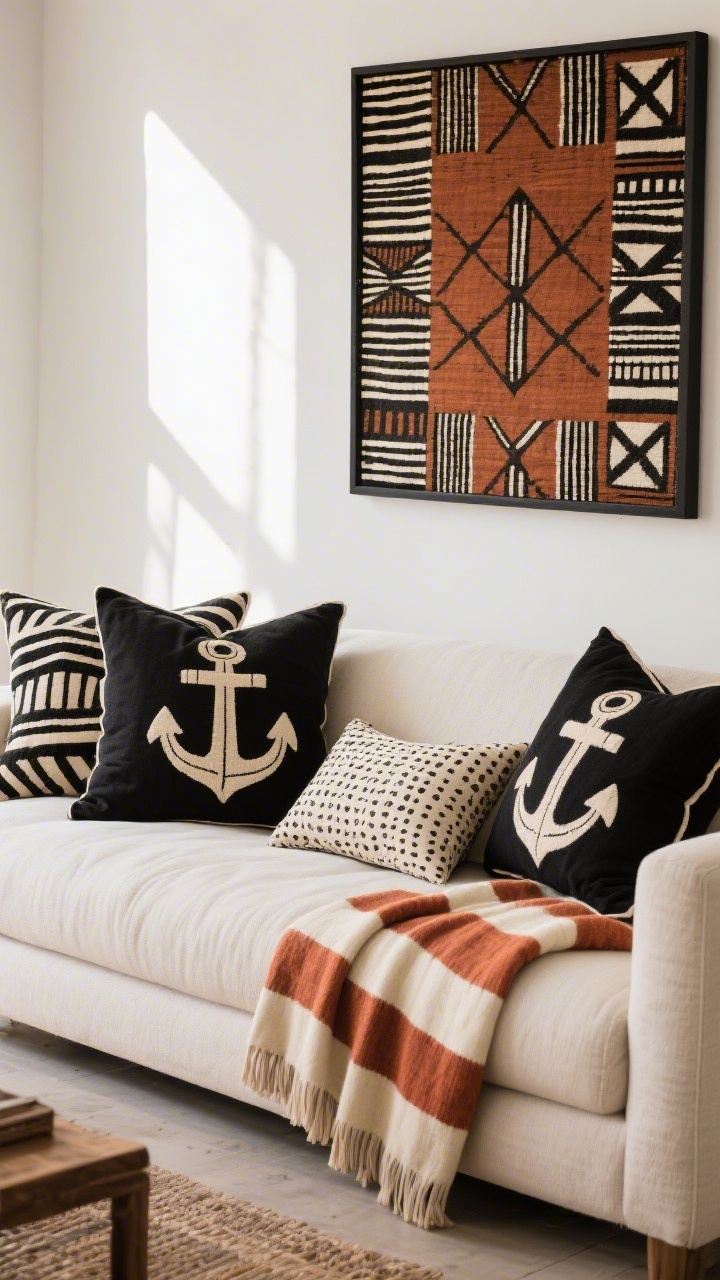 Medium shot focused on cohesive global patterns: sofa styled with large black-and-ivory mud cloth pillows (anchor motif), a medium-scale stripe throw in rust and ivory, and a tiny stipple print cushion; palette limited to black, ivory, and rust; pattern repeated intentionally in an art mat echoing the mud cloth; even natural light to show contrast and scale changes