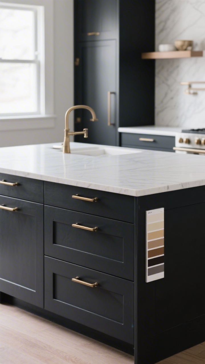 Medium shot focusing on a kitchen island painted a deep charcoal satin finish, contrasted with light countertops and warm metal accents (brushed brass pulls, hidden hinges for clean lines); test swatches visible on a nearby cabinet edge hinting at thoughtful selection; balanced daylight showing depth of color.