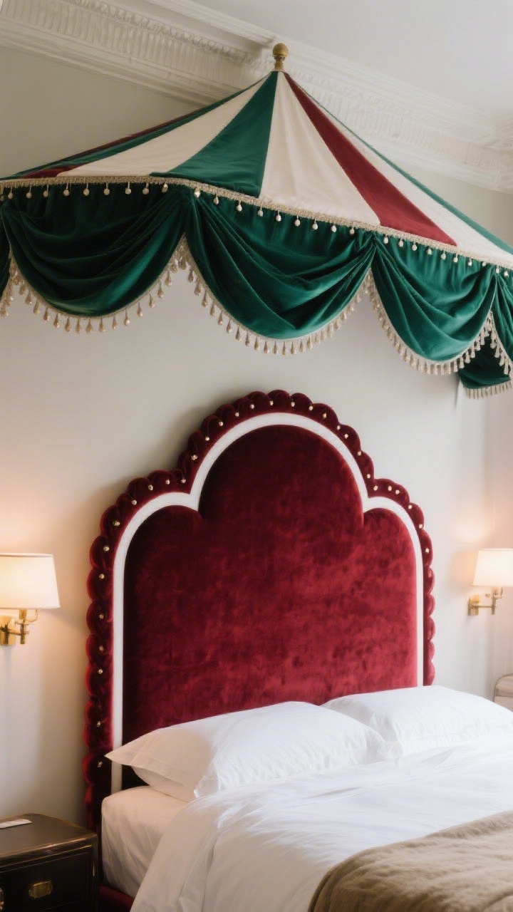 Medium shot focusing on a statement headboard as the ringmaster: an arched, scalloped velvet headboard in a jewel tone (emerald or ruby) with crisp white contrast piping; optional tent-peak triangular cornice above the bed with draped fabric like a mini marquee; nailhead trim detail visible; bedding kept simple to highlight the silhouette and texture; soft, warm bedside sconce lighting; photorealistic, straight-on composition.