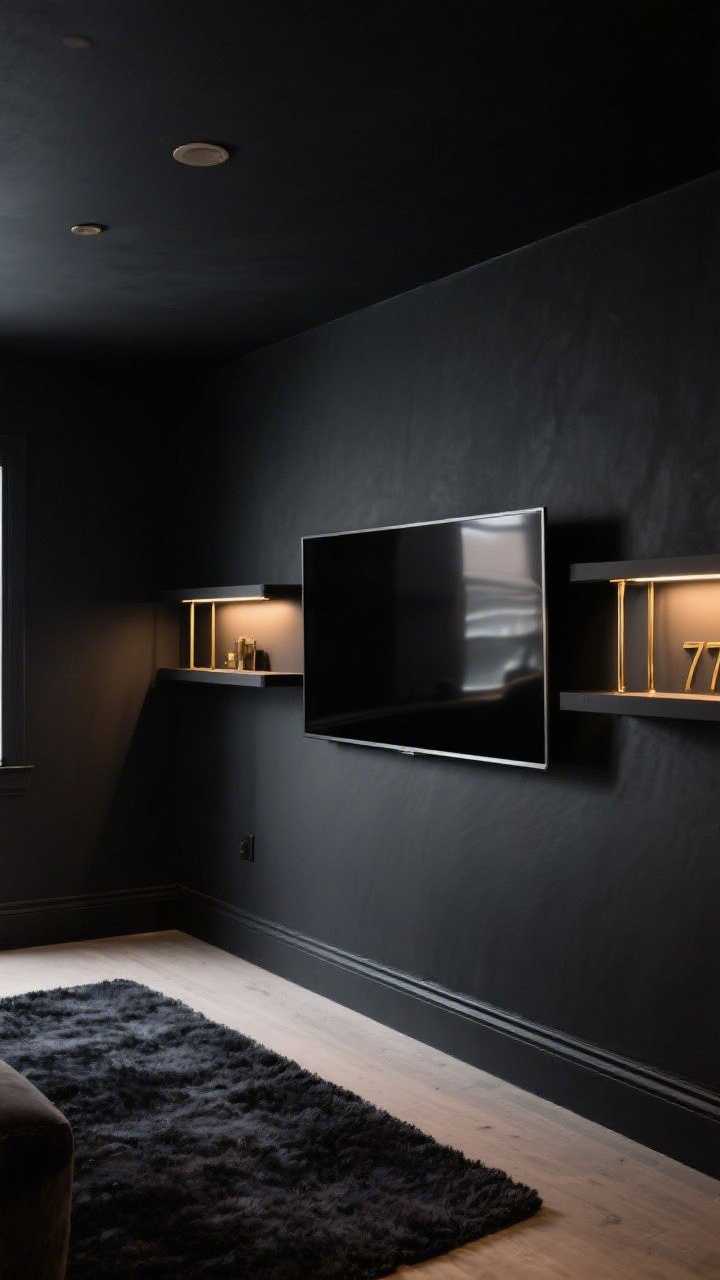 Medium shot from a corner angle of a basement TV wall painted in a moody soft black matte, with the color wrapped onto the ceiling and baseboards for a cocoon effect. The flat-screen TV sits centered, flanked by slim brass picture lights above narrow shelves, casting a warm 2700K glow that breaks up the depth. Subtle textures in the paint, no glare, and a plush dark rug partially visible. The mood is intimate and cinematic, with controlled reflections and rich, enveloping shadows.