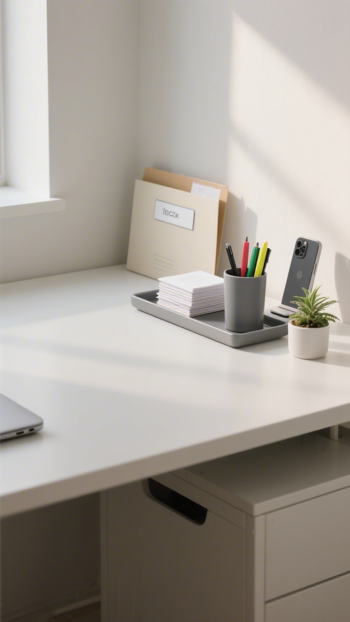 Medium shot: Minimalist command center anchored on the right side of a compact desk: a slim tray holding a matte pen cup with a few highlighters, a neat stack of index cards, a vertical phone stand, and a tiny potted plant for balance. The left side of the desk is intentionally empty, preserving negative space for a laptop or notebook. A single labeled inbox folder sits at the back edge. Soft morning light, clean and focused.
