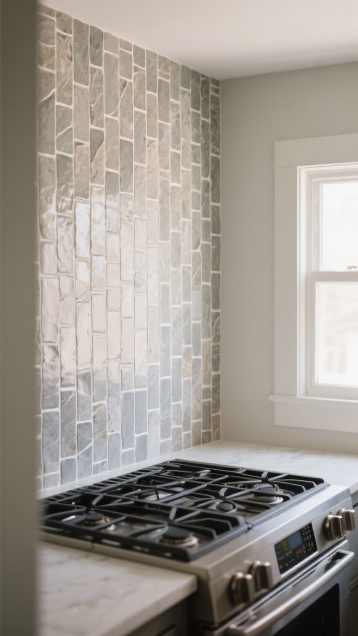 Medium shot of a budget-friendly backsplash upgrade behind a stove: peel-and-stick tiles in a subtle stone-look with light grout lines; tiles run vertically to elongate a low-ceiling space; pattern kept understated to avoid busyness; even daylight from the side accents texture and clean lines.