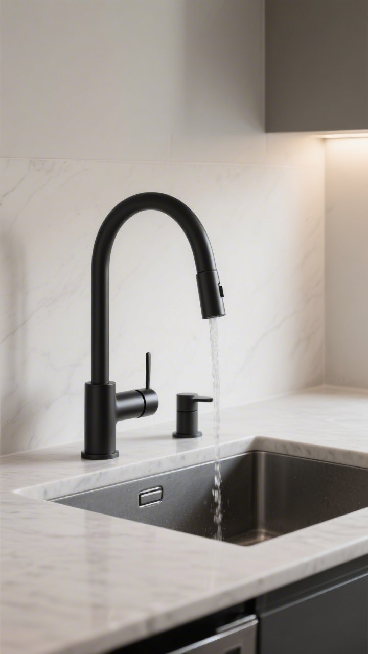 Medium shot of a kitchen sink zone featuring a statement gooseneck single-handle faucet with pull-down sprayer in matte black, paired with a built-in soap dispenser for a clutter-free look; light quartz countertop, minimal backsplash; clean lines, solid-looking metal, intentional contrast with lighter hardware; gentle side lighting, slight corner angle.
