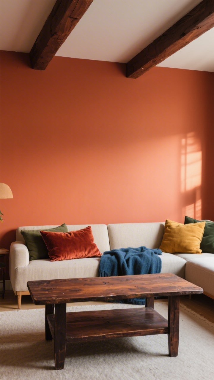 Medium shot of a living room accent wall painted in a spicy cinnamon/clay hue, anchored by a dark walnut-stained thrifted wood coffee table; a rust velvet pillow and an indigo throw on a neutral sofa; palette includes terracotta, deep mustard, olive accents, espresso wood tones; soft afternoon light for saturated, warm color; minimal accessories to let the colors pop