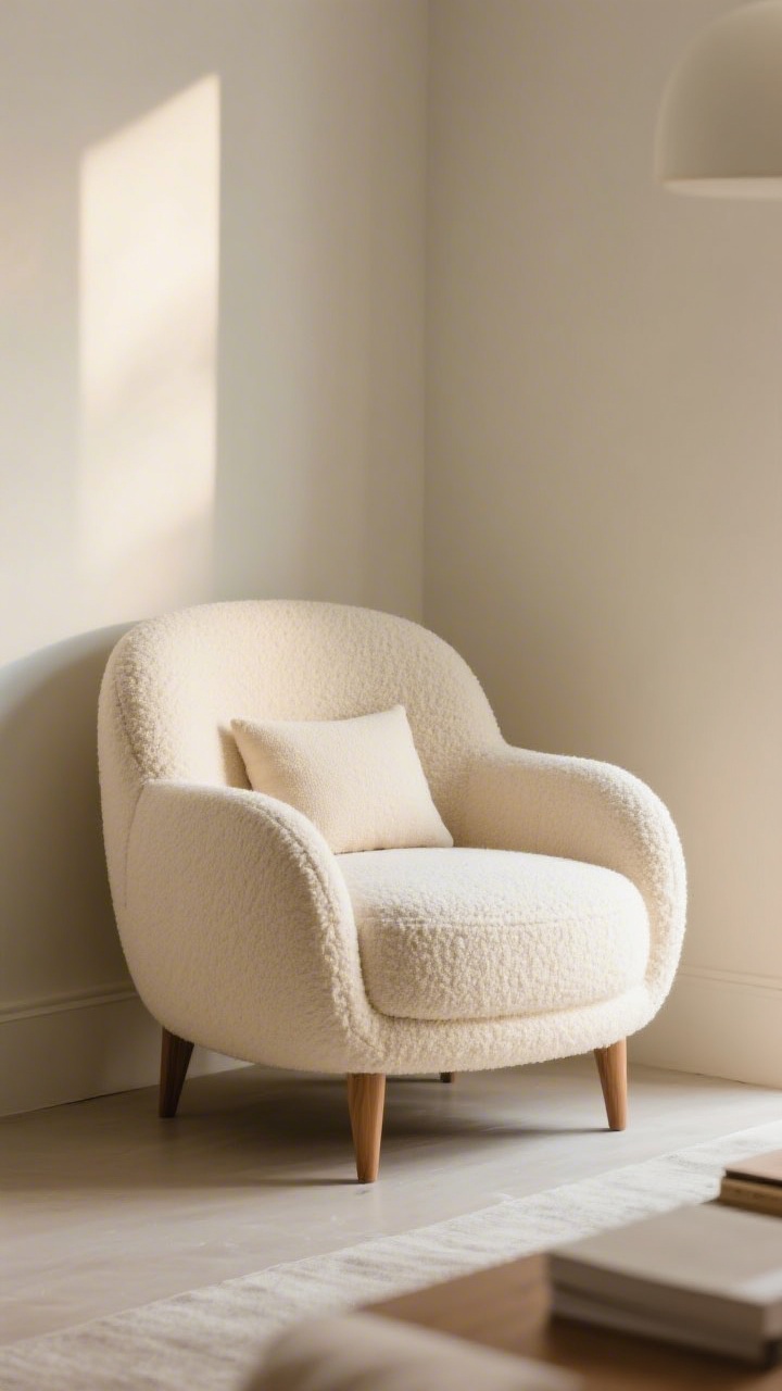 Medium shot of a statement chair that hugs the sitter: a compact barrel chair with soft curves and exposed tapered wood legs, upholstered in creamy boucle; deep seat with a single small pillow; airy surroundings with minimal clutter; neutral walls, warm afternoon light, the silhouette reading upscale and cocoon-like in a tight corner.