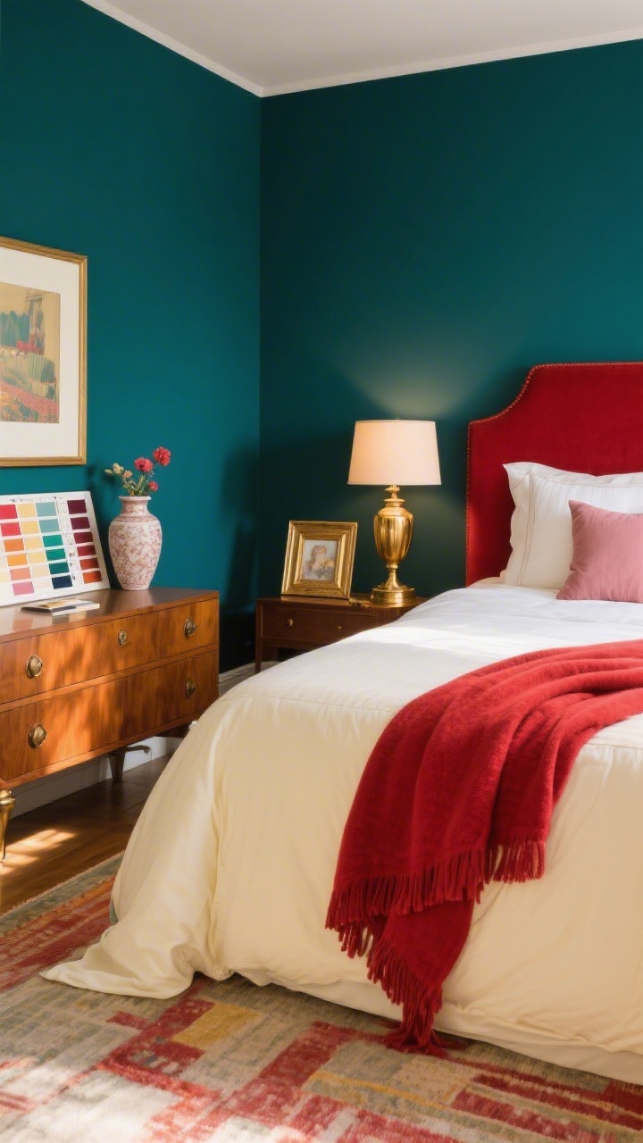 Medium shot of a styled bedroom vignette showcasing a mature carnival palette: deep teal walls as the 30%, buttery cream bedding and rug as the 60% neutral, cherry red accents as the 10% pop via a throw and small pillow, and dusty rose in a ceramic vase; antique brass and brushed gold accents on a table lamp and picture frame; include paint swatches and a sample board on a dresser under mixed daylight and warm lamp light to suggest palette testing; photorealistic, corner angle.