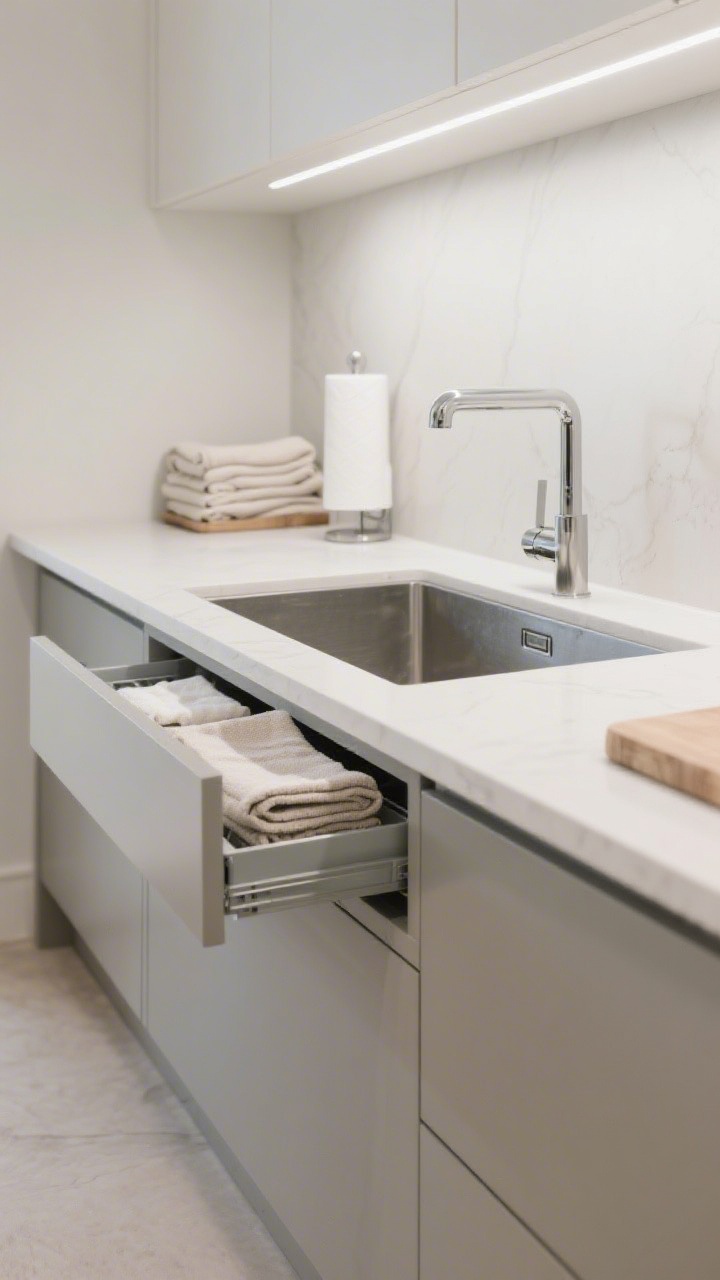 Medium shot of a tidy sink and prep zone with clutter hidden: a slim pull-out trash insert visible slightly ajar in a base cabinet, and a sleek under-cabinet paper towel holder keeping counters clear; reusable linen towels folded in a nearby drawer left slightly open; bright, clean task lighting.