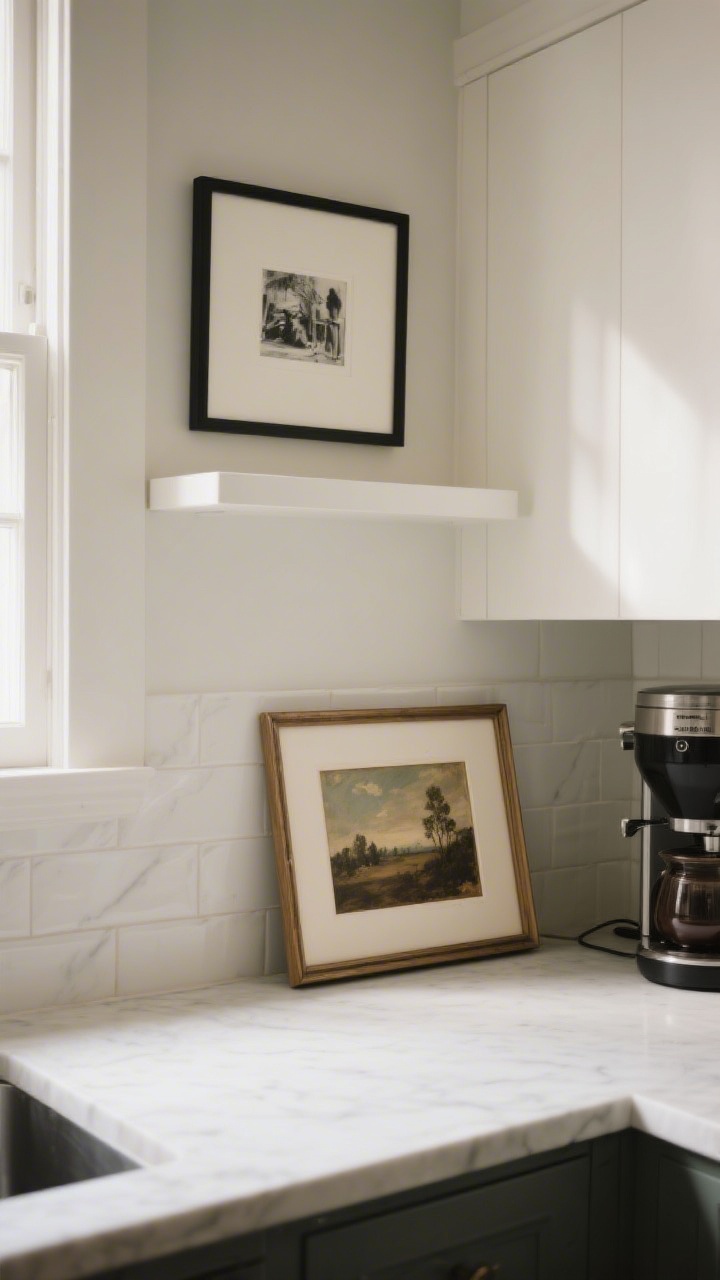 Medium shot of authentic, non-kitschy art in the kitchen: a small vintage oil painting in a simple frame leaned against the backsplash on the counter near the coffee station, with a monochrome print hung above a nearby shelf; clean matting, gallery-level restraint; natural light adds depth and sophistication.