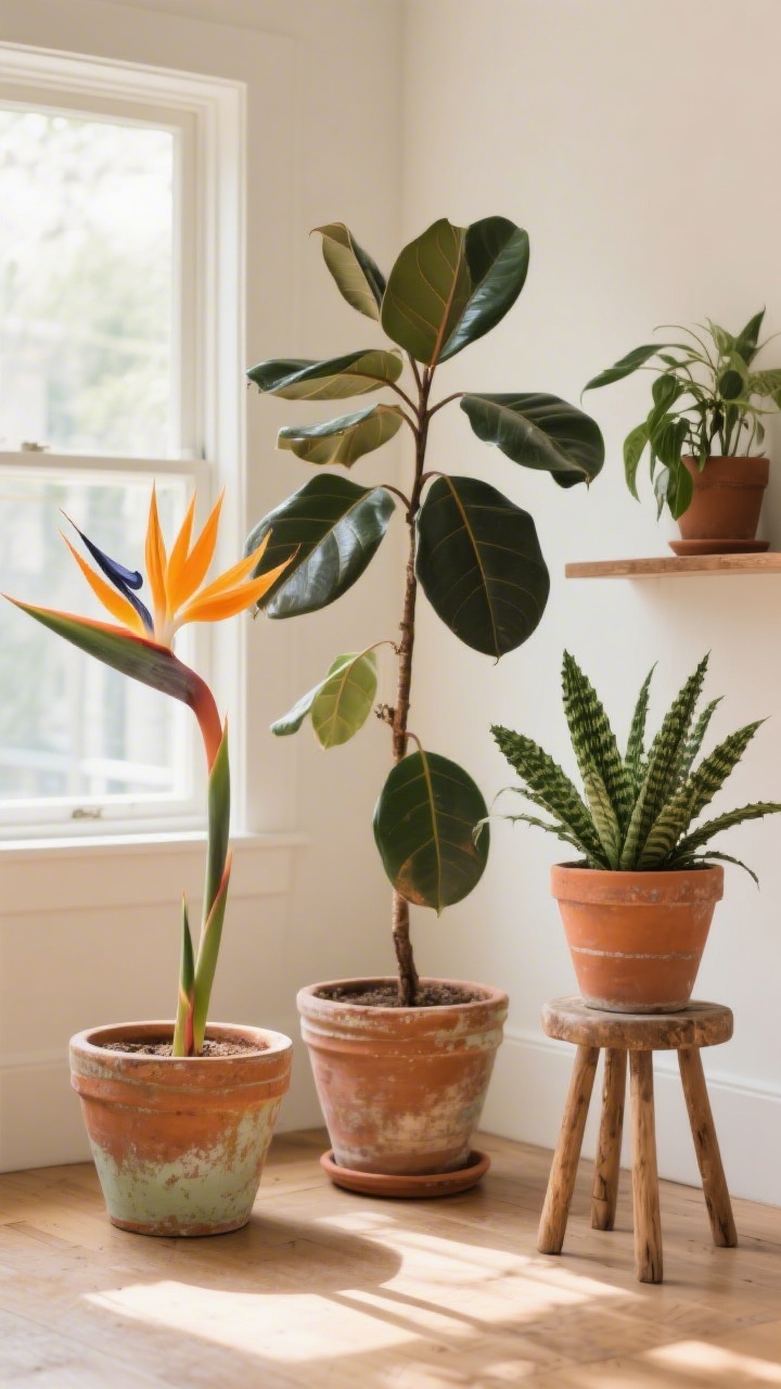 Medium shot of bold, structural plants grouped in threes: a bird of paradise as a floor plant by a window, a rubber tree on a low stool, and a ZZ plant on a shelf; terracotta pots aged with a subtle lime wash for artisanal texture; warm, bright natural light; earthy palette and clean lines to let foliage shape stand out