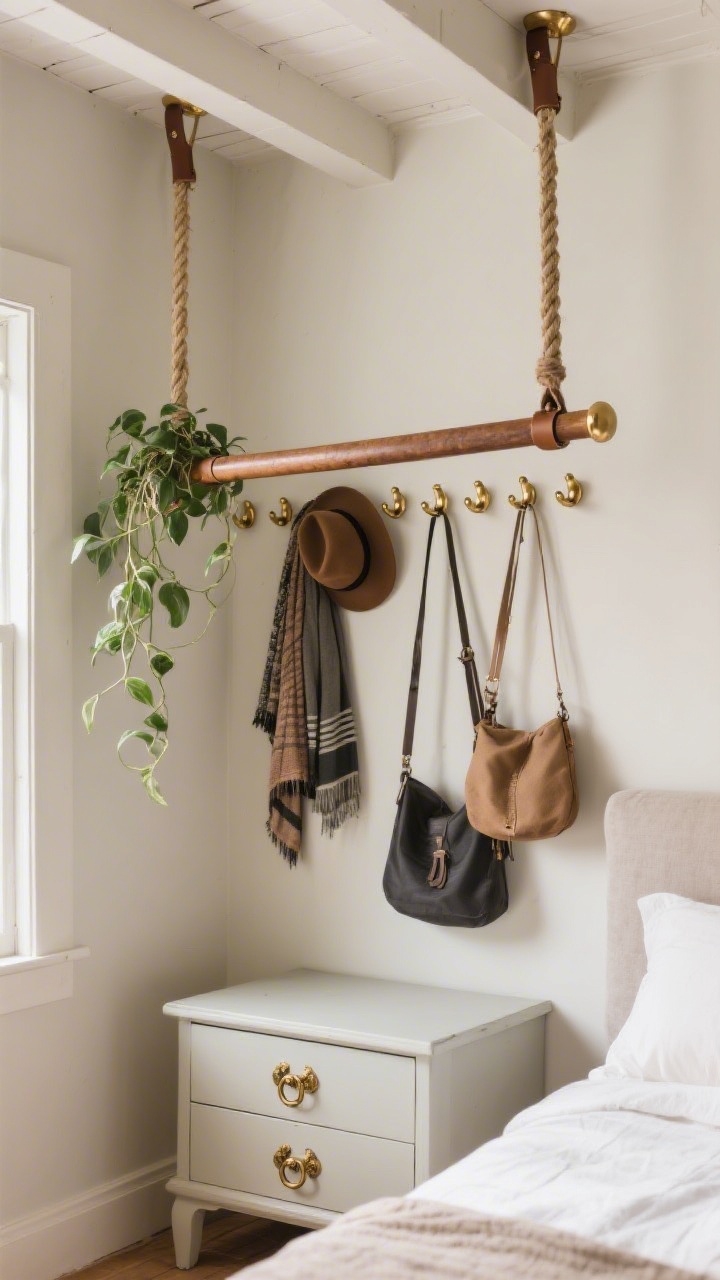 Medium shot of functional trapeze-inspired storage: a ceiling-mounted trapeze-style hanging rod (sturdy dowel with leather straps fixed into joists) displaying scarves and a trailing plant; wall-mounted staggered brass ball hooks holding hats and bags; a nearby nightstand refreshed with antique brass ring pulls; neutral wall backdrop to highlight brass and rope details; soft natural light; photorealistic, three-quarter angle.