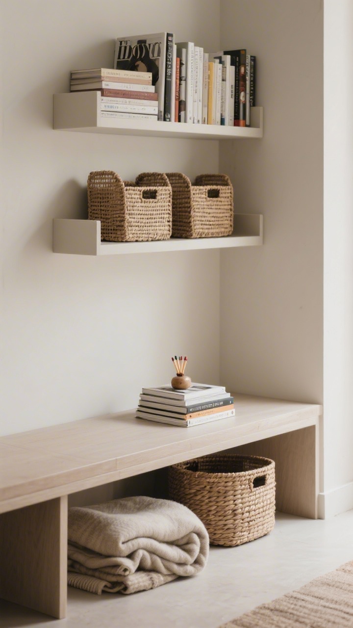 Medium shot of integrated storage-as-decor: shallow low shelves mounted at seat height holding neatly arranged books and a couple of chic magazine files; woven baskets tucked under a bench for blankets and overflow books; a small horizontal stack of books topped with a match striker and a tiny object; balanced, functional styling in neutral tones.