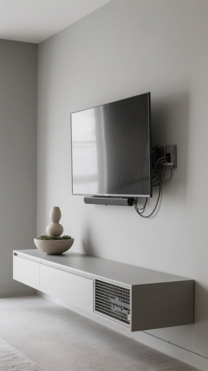 Medium shot, side angle of a minimalist floating console mounted to a monochrome wall, both painted a refined greige in matte. The console measures about 10–14 inches high and extends wider than the low-profile wall-mounted TV above. A full-motion mount is tucked behind the screen with clean cable management channels; wires are routed through an in-wall kit so the scene looks cordless. A single sculptural ceramic object and a low, wide planter sit on the console; nearby, a vented media bay with mesh doors hints at hidden tech. Clean lines, calm styling, photorealistic.