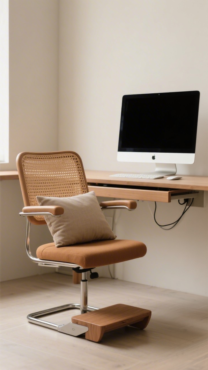 Medium shot: Style-forward ergonomics in a compact setup. A clean-lined chair in warm woven cane and fabric provides lumbar support, paired with a slim under-desk keyboard tray. A chic lumbar pillow adds extra support, and a compact footrest in matching finish tucks under the desk, doubling as a discreet cable hideaway. The monitor sits an arm’s length away with top at eye level. Calm, neutral palette with tactile warmth.
