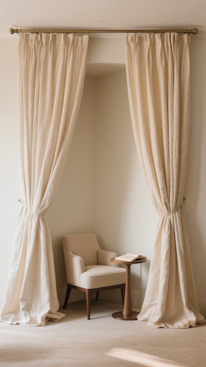 Medium straight-on shot of a reading nook framed by floor-to-ceiling drapery hung from a ceiling-mounted rod on a blank wall: heavy linen-blend curtains in warm ivory extending wider than the nook, gently puddling on the floor for luxe hotel energy; a petite chair and small table in front; drapery adding depth and sound softness; diffuse, serene lighting.