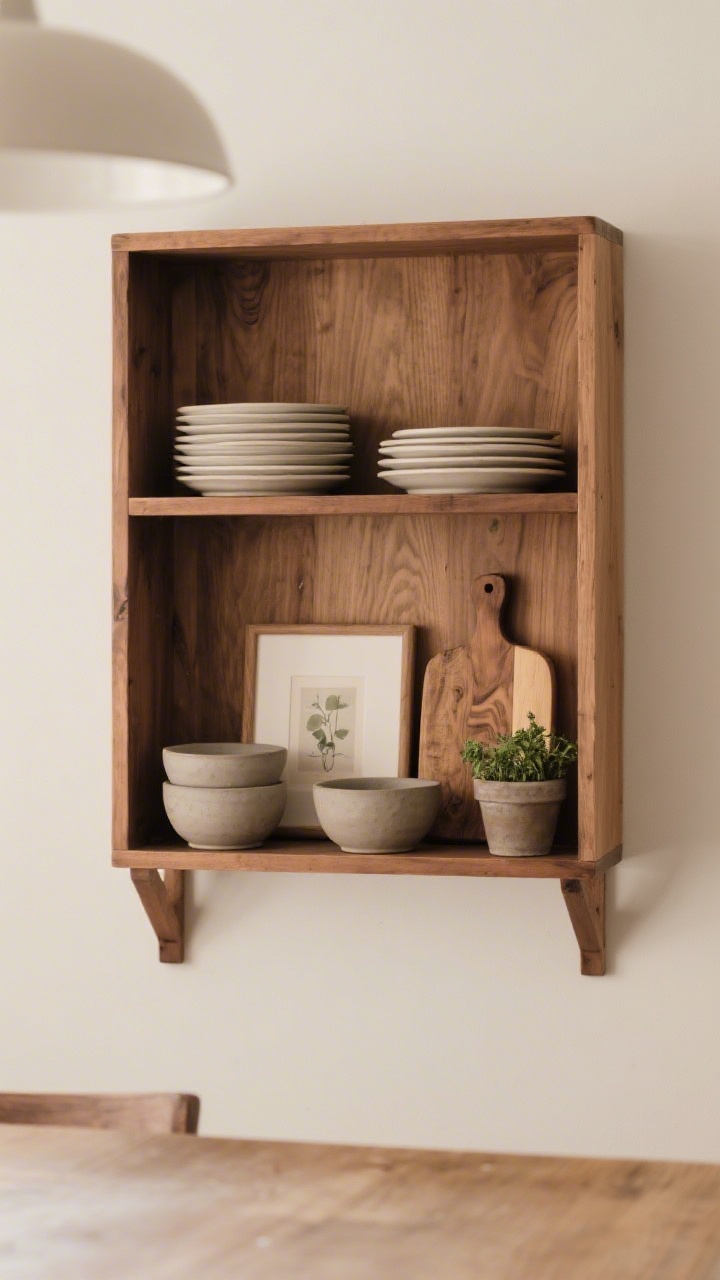 Medium straight-on shot of a single, sturdy open shelf in warm wood: tightly edited display of matching everyday plates, a pair of matte stoneware bowls, a small framed art print leaned casually, a wood cutting board for texture, and one herb pot for life; tonal palette, purposeful spacing, soft ambient light.